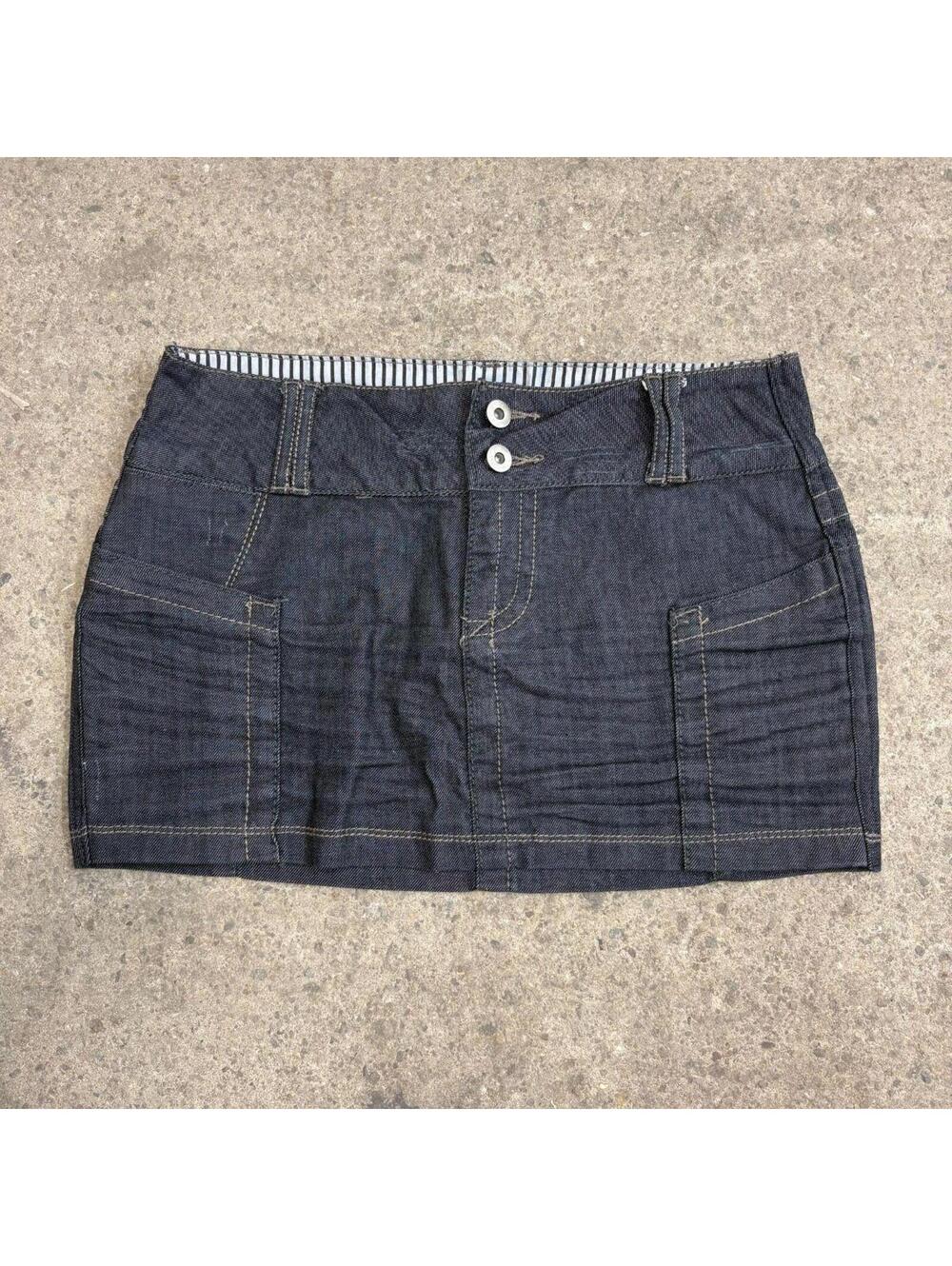 Vintage Y2K Denim Micro Mini Skirt Low Rise Dark Wash Double Button